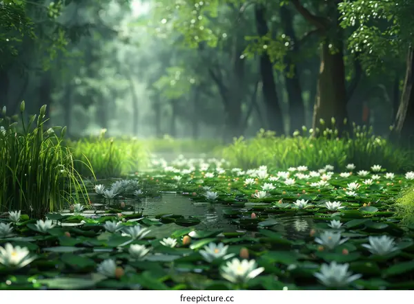 Mystical journey through a tranquil forest with a hidden creek and blooming lotuses