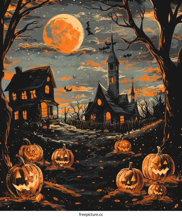 An illustration of a haunted house and a church with pumpkins in the yard on a spooky night