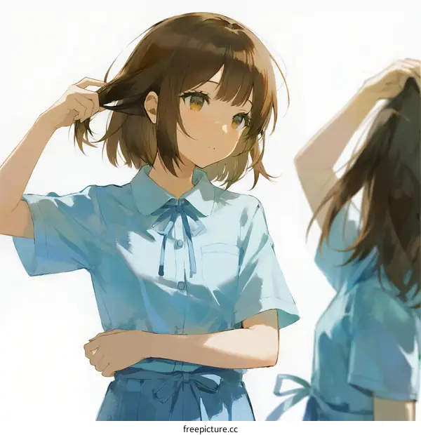 A Young Japanese Girl in School Uniform Playing with Hair