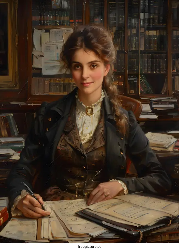 portrait of a young woman in a library