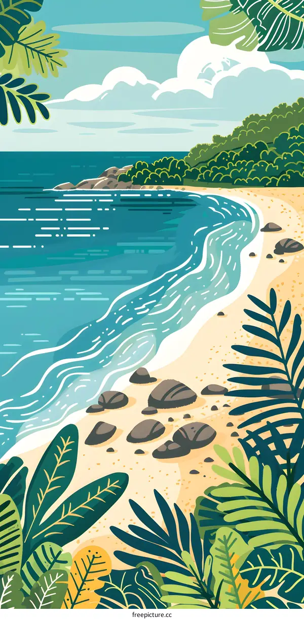 Tropical Beach Illustration with Palm Trees and Ocean