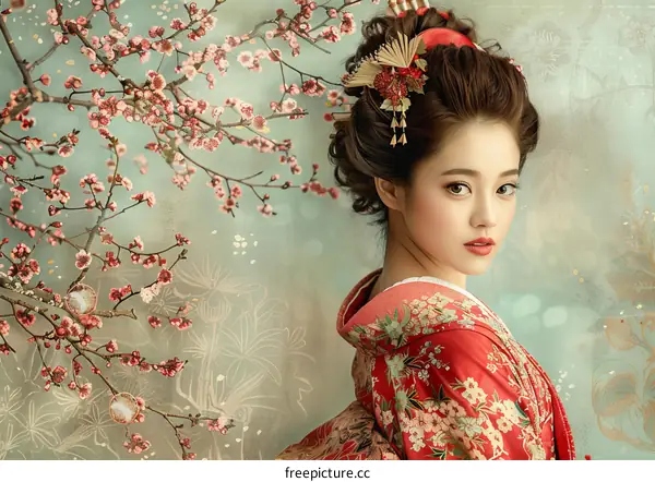 Portrait of a Japanese woman in traditional kimono with pink cherry blossoms