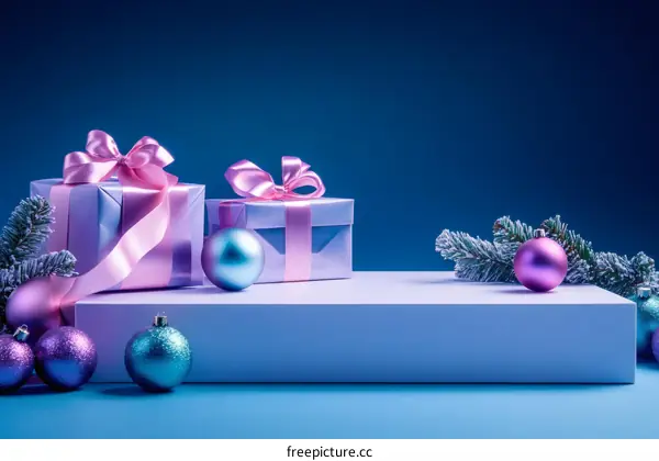 Christmas Gift Boxes and Ornaments on a Display Platform