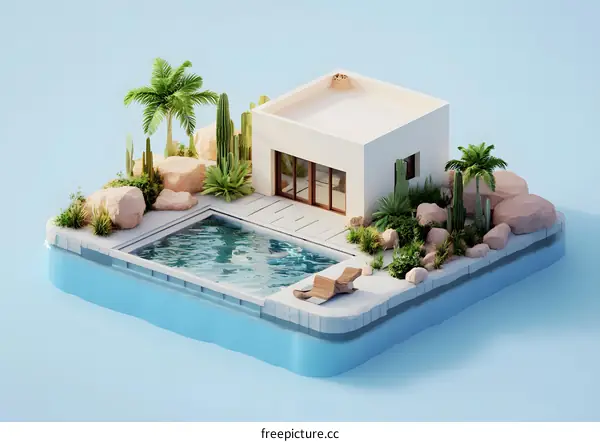 Minimalist House Illustration with Swimming Pool and Palm Trees