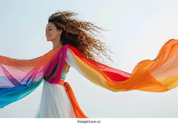 carefree black woman dancing with a rainbow scarf