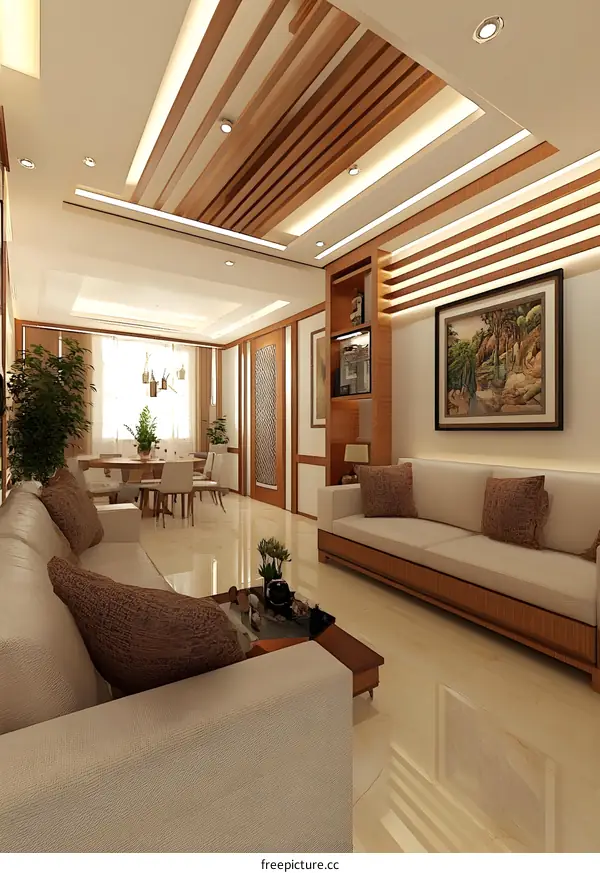 Modern Living Room Interior Design With Wooden Ceiling And Sofa