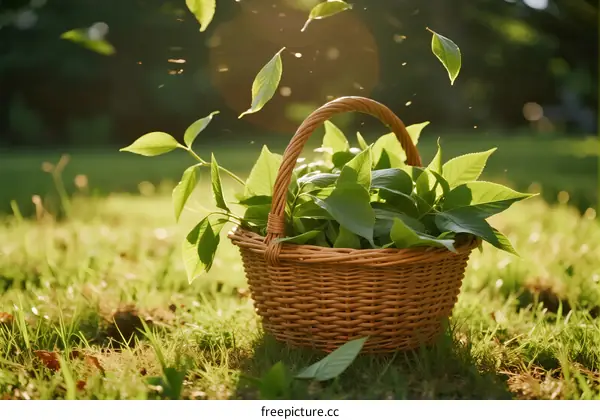 Fresh Green Leaves Falling from a Wicker Basket in Grass