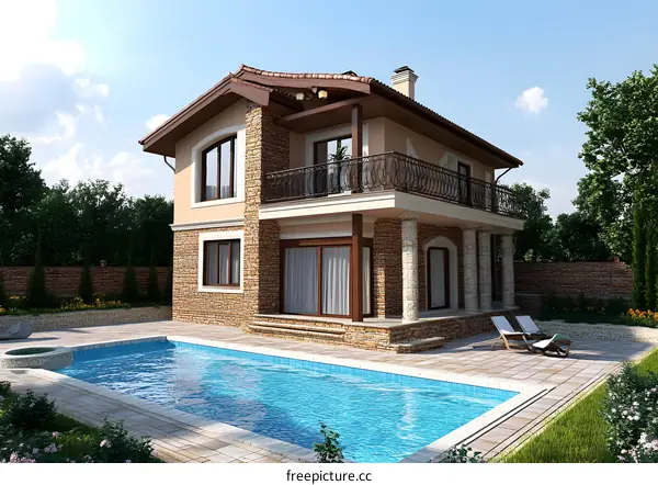 Modern House with Swimming Pool and Balcony Design