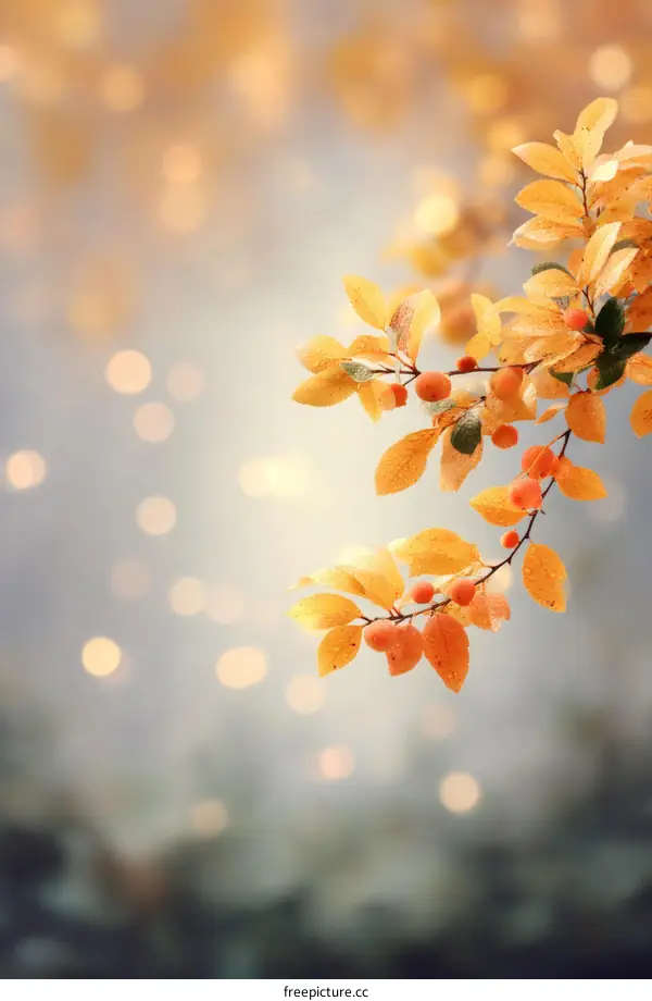 Autumnal Branches with Golden Leaves and Berries