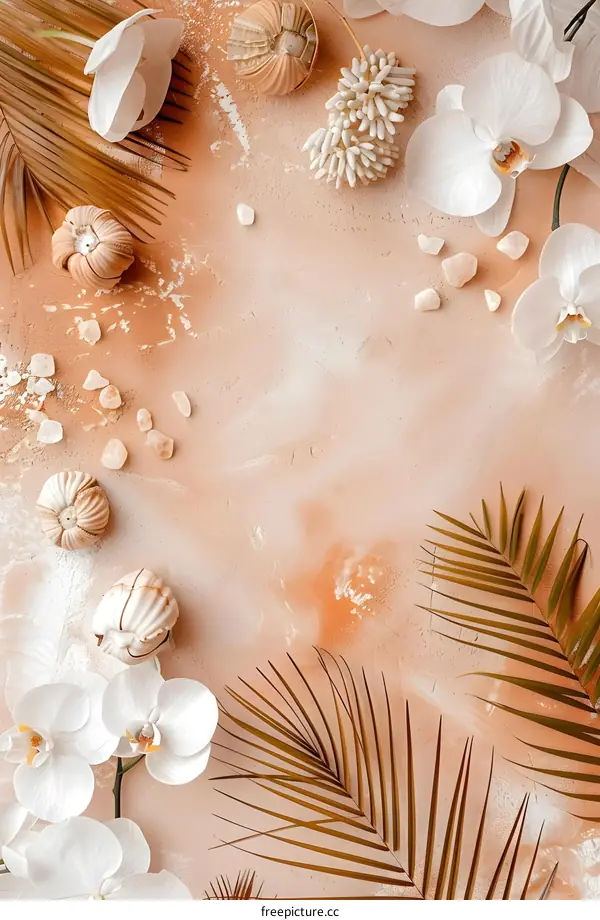 Tropical Aesthetic Background With White Orchids and Seashells