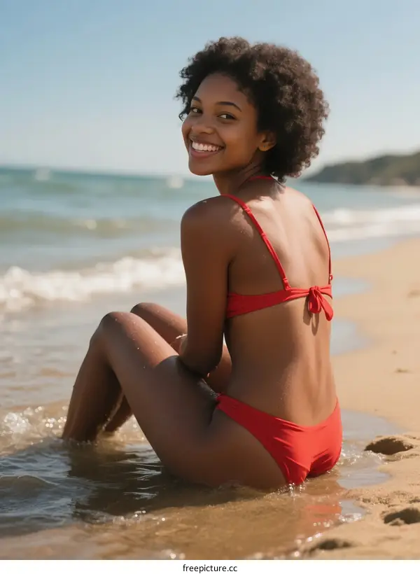 Woman in red bikini sitting on beach by the sea