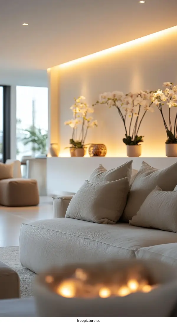 Modern Beige Sofa with Orchids Decor