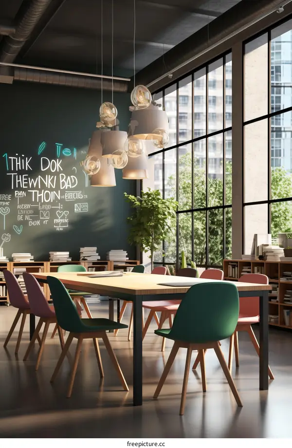 A conference room with a chalkboard wall and a large wooden table surrounded by chairs
