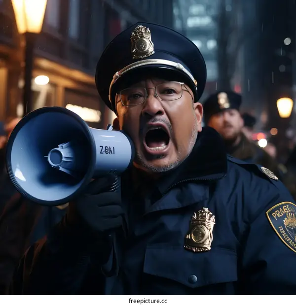 A police officer shouts into a megaphone during a protest.