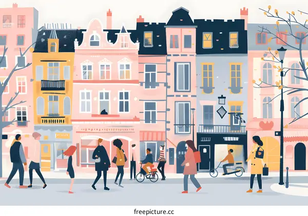 Colorful Illustration Of People Walking Down A Street In A European City