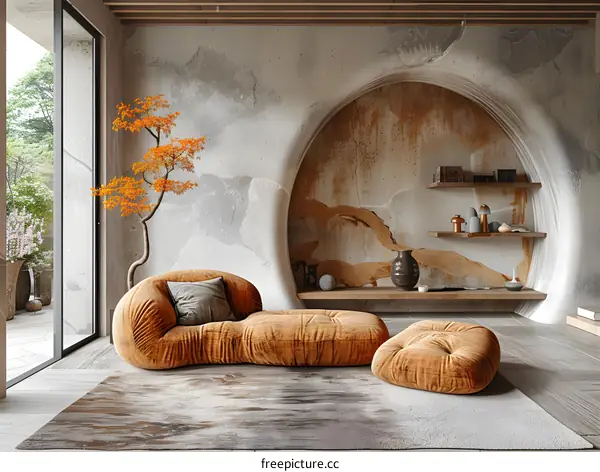 Orange round couch and ottoman in a room with a large arch in the wall