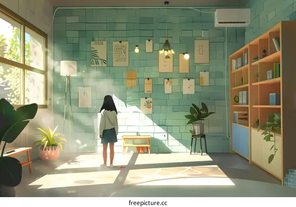 Girl Looking at Wall Art in Sunny Room with Bookcase and Plants