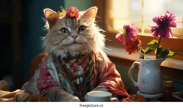 A ginger cat wearing a floral headdress and a colorful robe is sitting at a table with a vase of flowers.