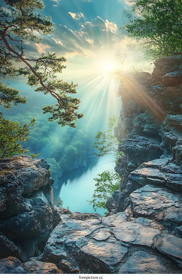 Sunbeams Through The Trees Over Lake