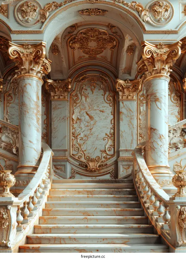 Ornate Marble Staircase with Golden Accents