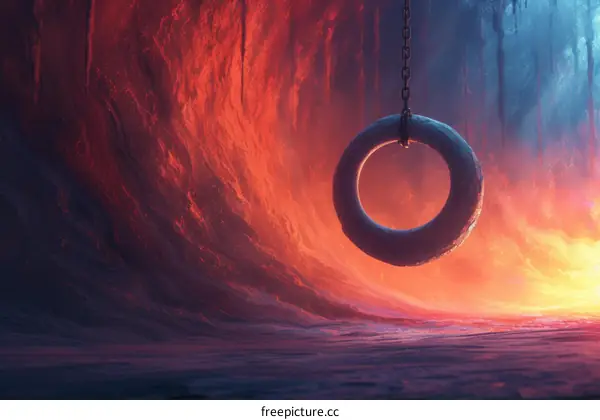 A swing hanging from a chain in a surreal landscape
