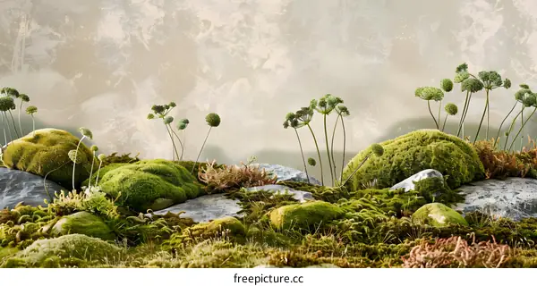 Green Mossy Stones With Wild Flowers