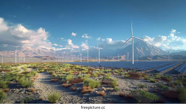 A large solar and wind farm in the desert