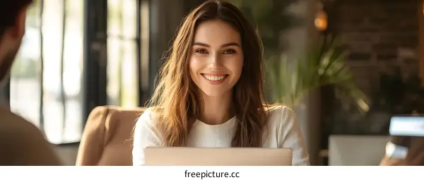 Smiling Woman with Laptop in Cafe