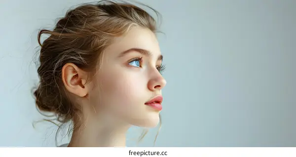 Portrait of a Young Woman with Blonde Hair and Blue Eyes Looking Away
