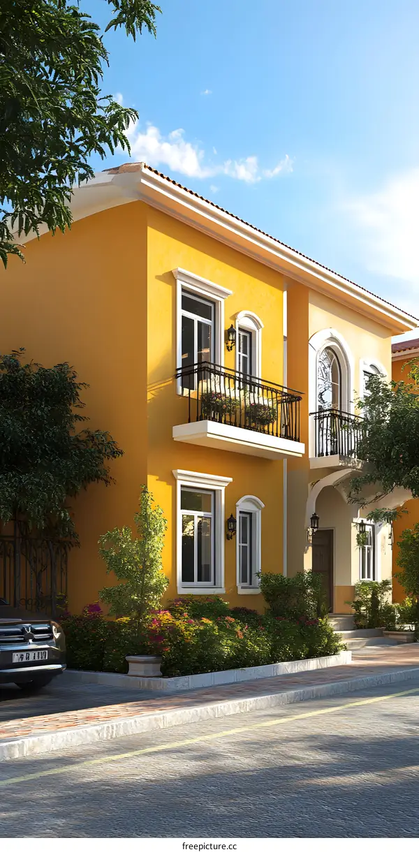 Yellow Mediterranean Style House with Balcony