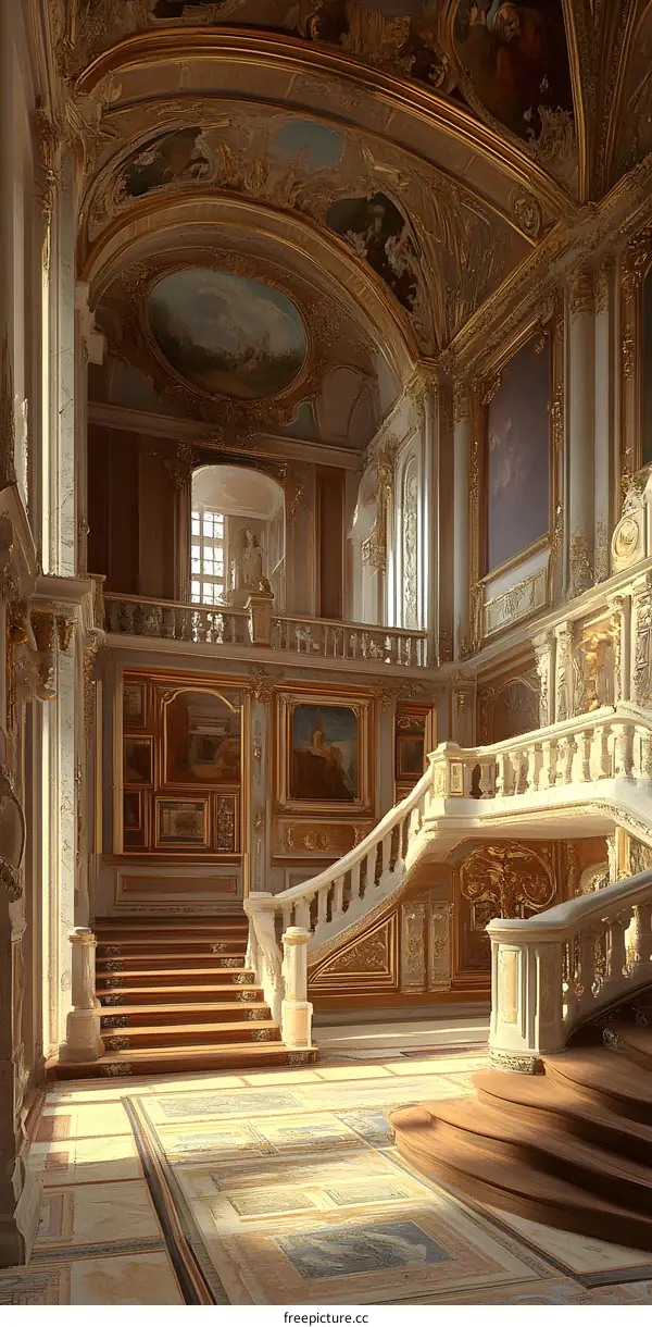 Grand Staircase in a Luxurious Palace with Golden Details and Artwork