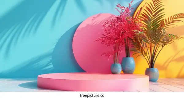 Colorful Geometric Display Stand with Tropical Plants