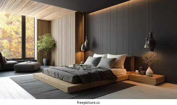 Modern Minimalist Wooden Bedroom with Fall View