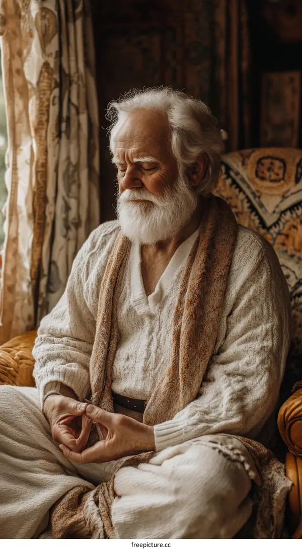 Elderly Man Meditating in a Cozy Interior