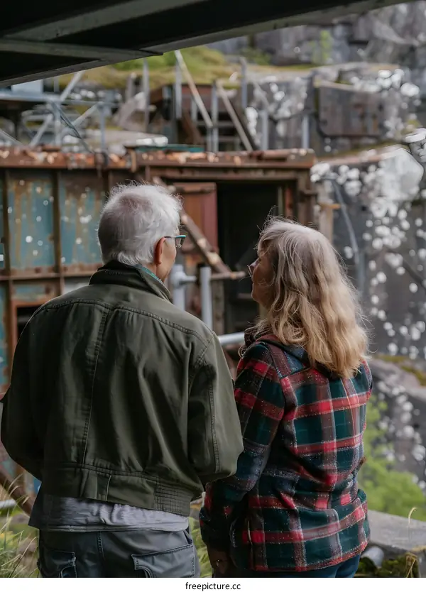 Two Senior People Standing In Front Of An Abandoned Building