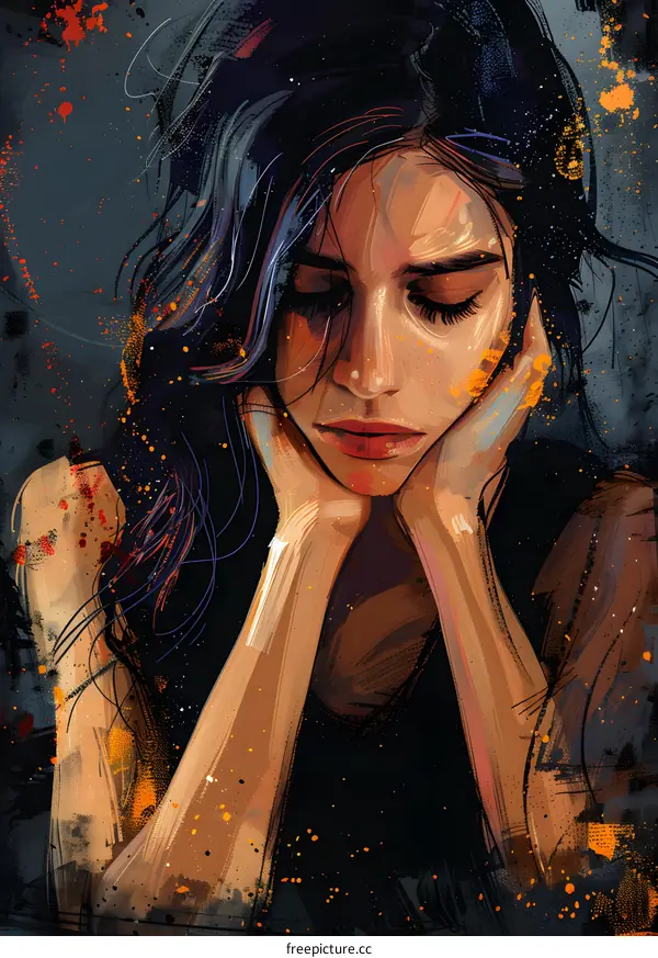 A beautiful dark-haired woman with her hands on her face