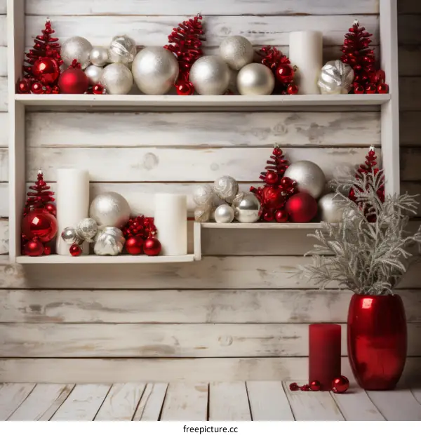 Red and Silver Christmas Ornaments on Whitewashed Wood Shelf