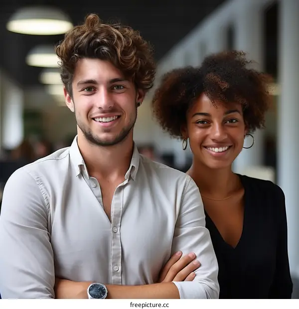 Portrait of two smiling business professionals, a man and a woman, standing in an office environment