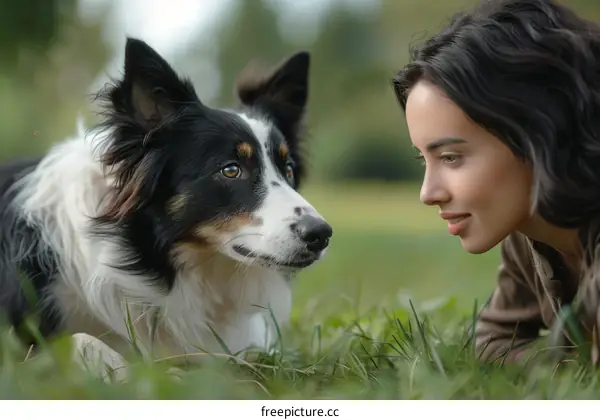 girl laying on the grass with a border collie