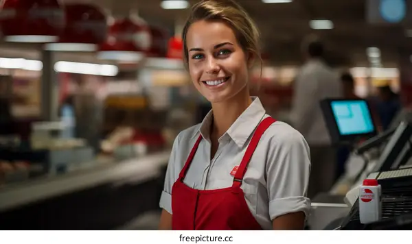 Portrait of a young woman working as a cashier in a supermarket