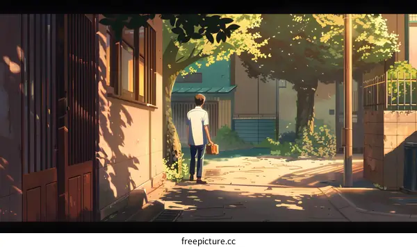 Man Walking Alone in a Japanese Alleyway Illustration