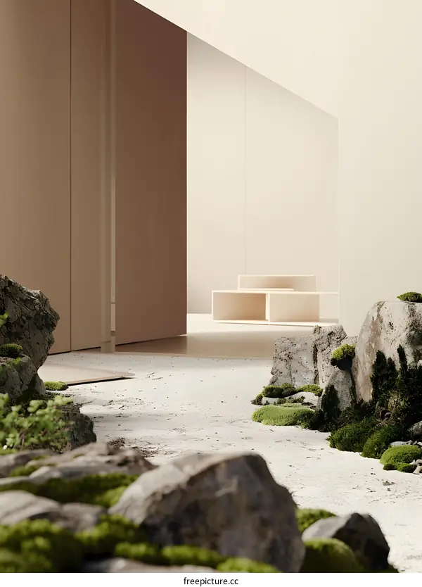 Minimalist Zen Garden Design with Rocks and Moss