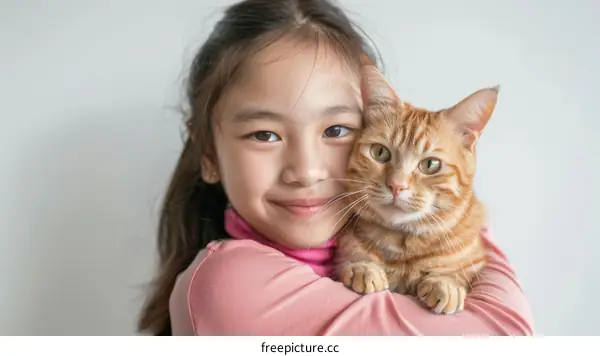 little girl hugging an orange cat