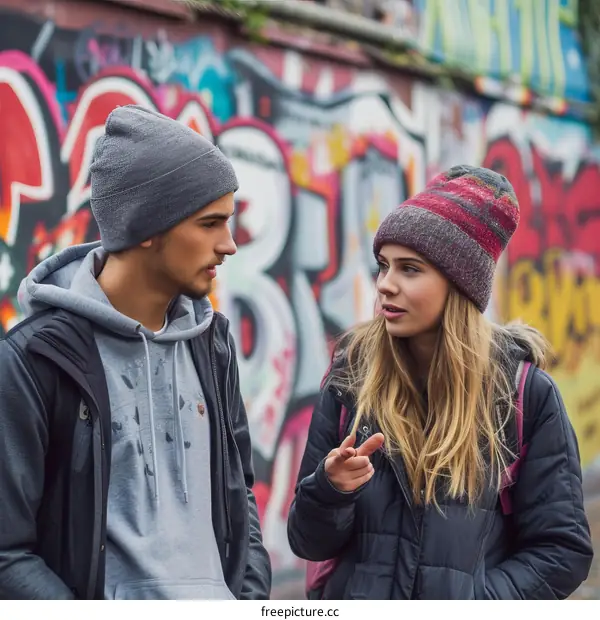 Young couple having a conversation in front of a graffiti wall