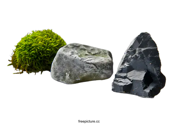 [Transparent Background PNG]Green Moss and Gray and Black Rocks on White Background