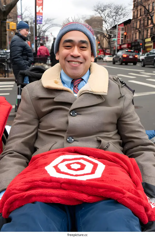 Man in Wheelchair Smiling on City Street