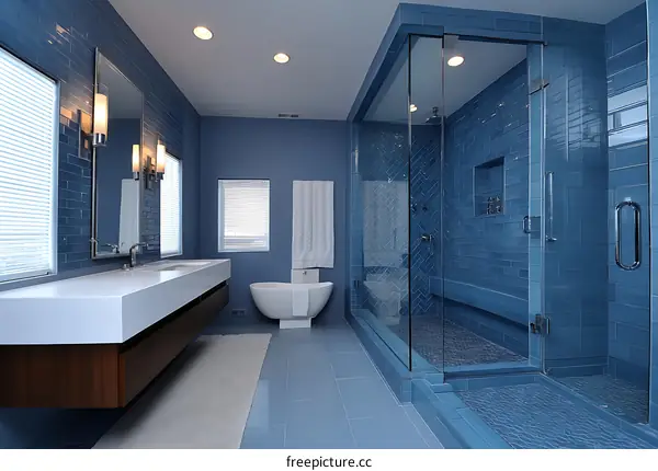 Modern Blue Bathroom with Walk-in Shower