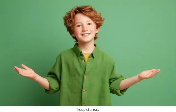 Smiling Boy Presenting Something with Open Arms