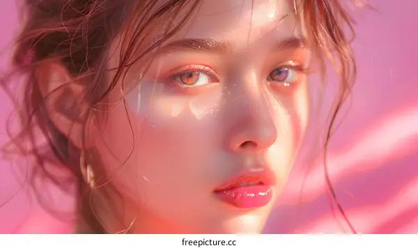 Digital Art of a Young Woman with Pink Makeup and Glitter