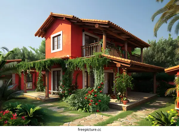 Red House with Balcony and Patio in Tropical Garden